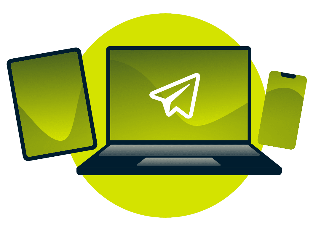 Telegram-logotypen p&aring; en b&auml;rbar dator, telefon och surfplatta.